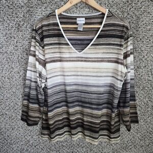 Chicos Top Womens 3 US XL Brown Striped V Neck Stretch Tee Casual Ladies